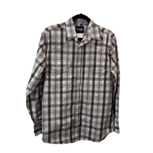 Wrangler Plaid Pearl Snap Long Sleeves Shirt Western Mens Size M Red Tan - Picture 1 of 10